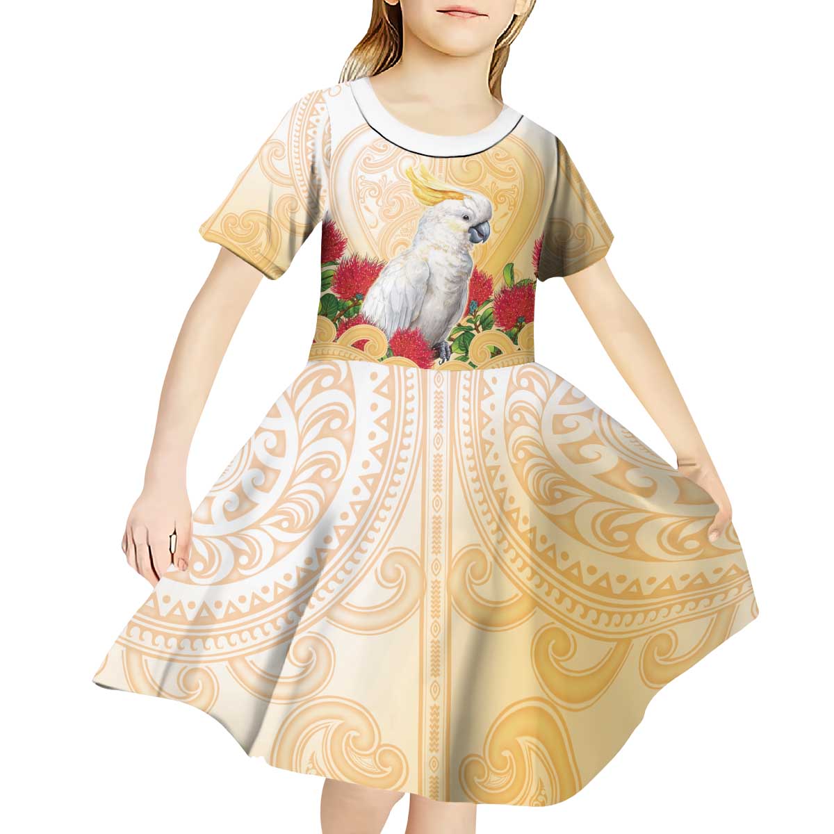 New Zealand Aotearoa Cockatoo Kid Short Sleeve Dress Maori Pattern With Pohutukawa Flowers
