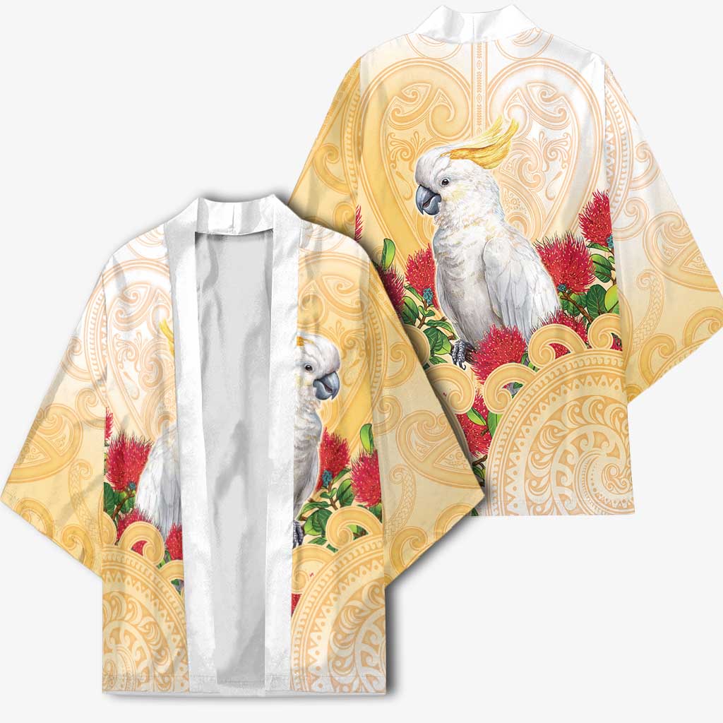 New Zealand Aotearoa Cockatoo Kimono Maori Pattern With Pohutukawa Flowers