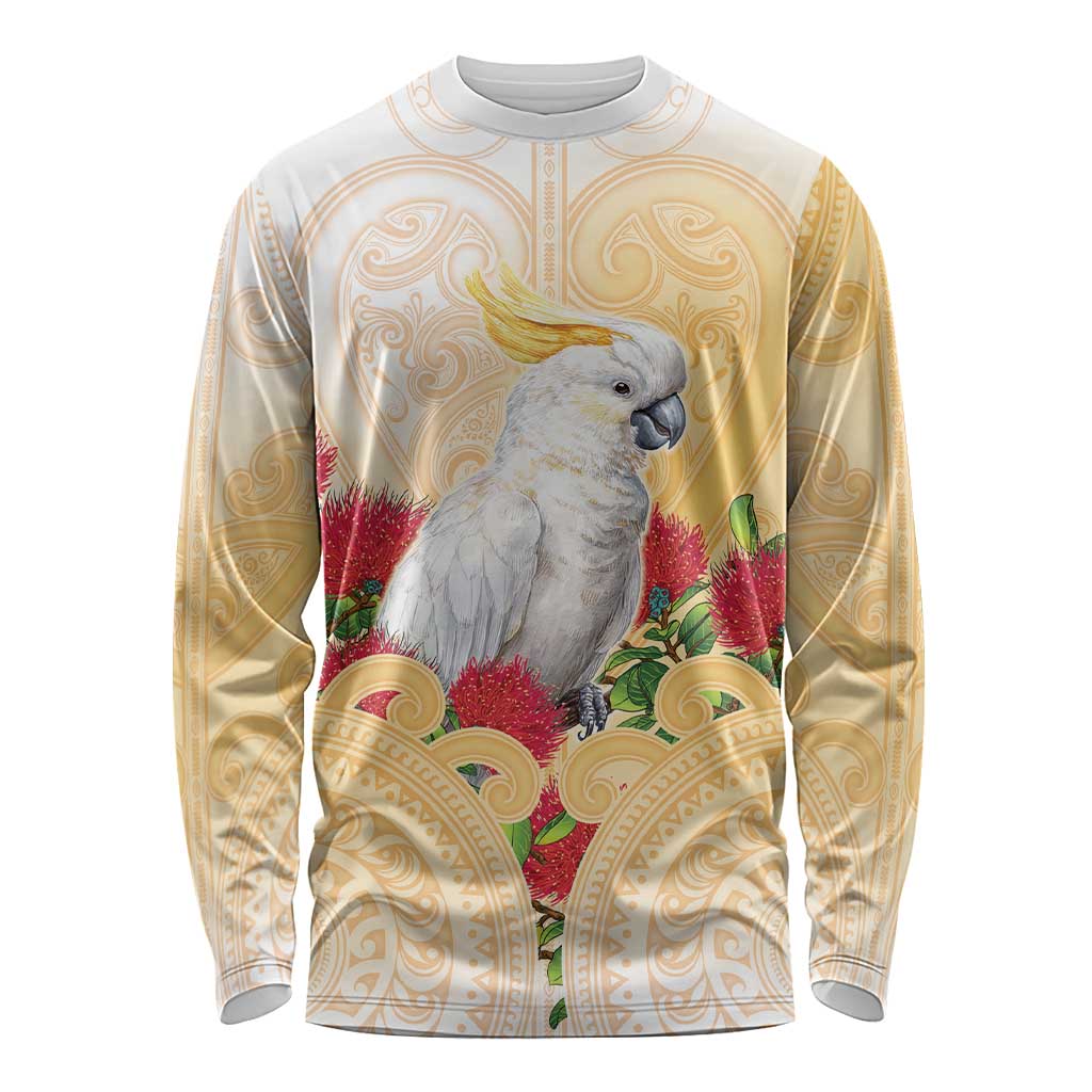 New Zealand Aotearoa Cockatoo Long Sleeve Shirt Maori Pattern With Pohutukawa Flowers