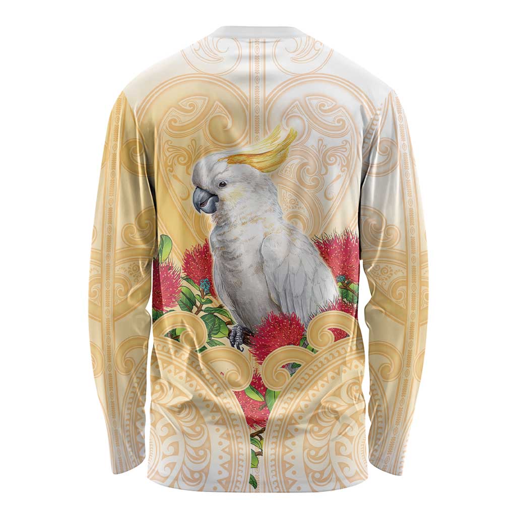 New Zealand Aotearoa Cockatoo Long Sleeve Shirt Maori Pattern With Pohutukawa Flowers