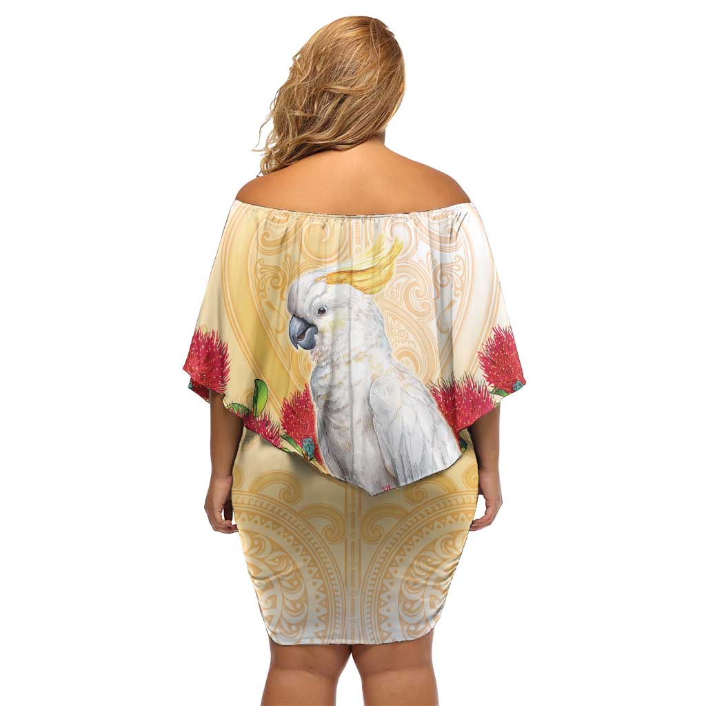 New Zealand Aotearoa Cockatoo Off Shoulder Short Dress Maori Pattern With Pohutukawa Flowers