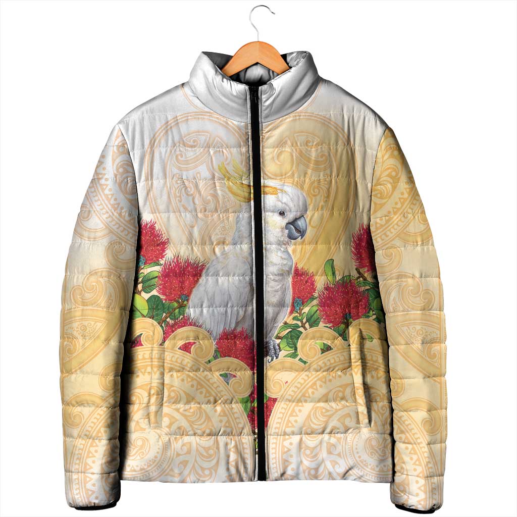 New Zealand Aotearoa Cockatoo Padded Jacket Maori Pattern With Pohutukawa Flowers