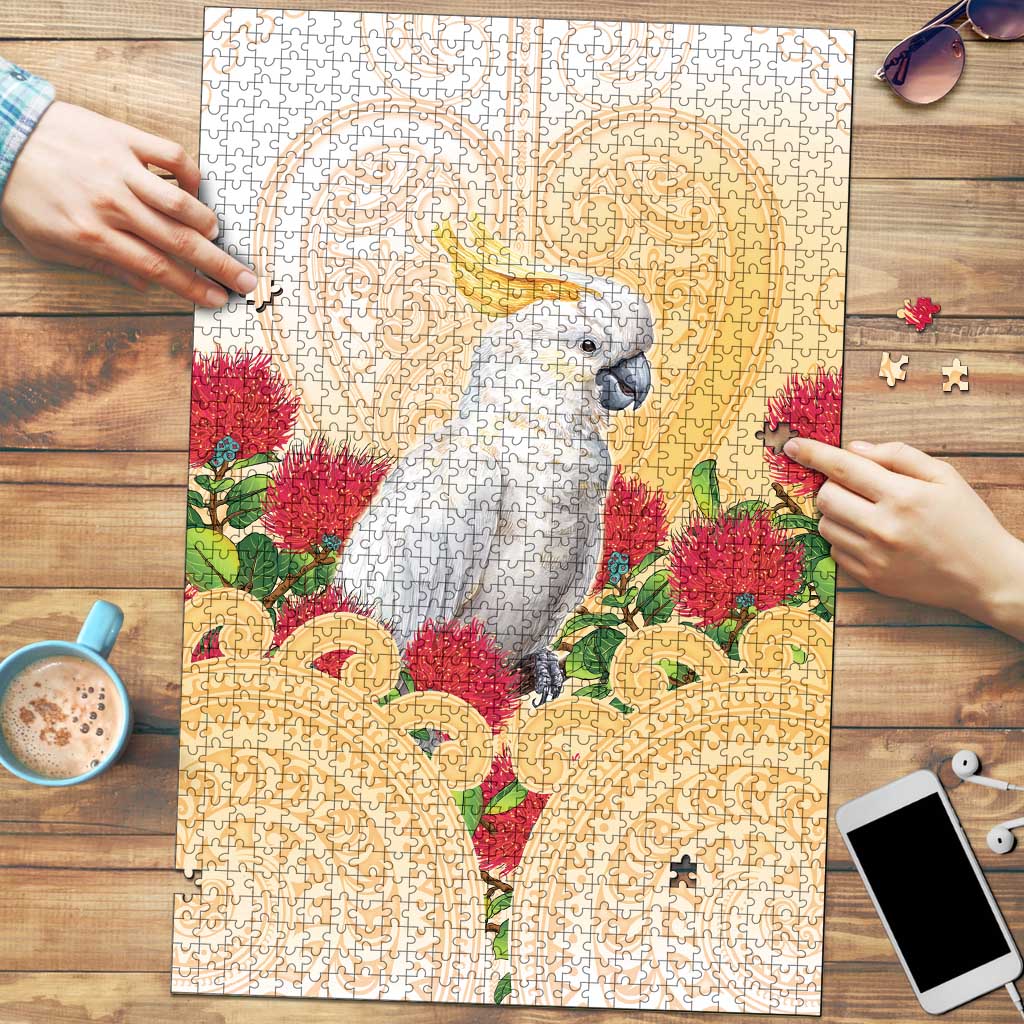 New Zealand Aotearoa Cockatoo Puzzle Maori Pattern With Pohutukawa Flowers