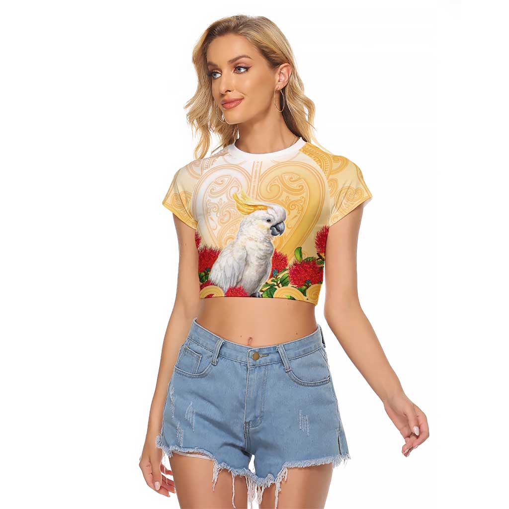 New Zealand Aotearoa Cockatoo Raglan Cropped T Shirt Maori Pattern With Pohutukawa Flowers