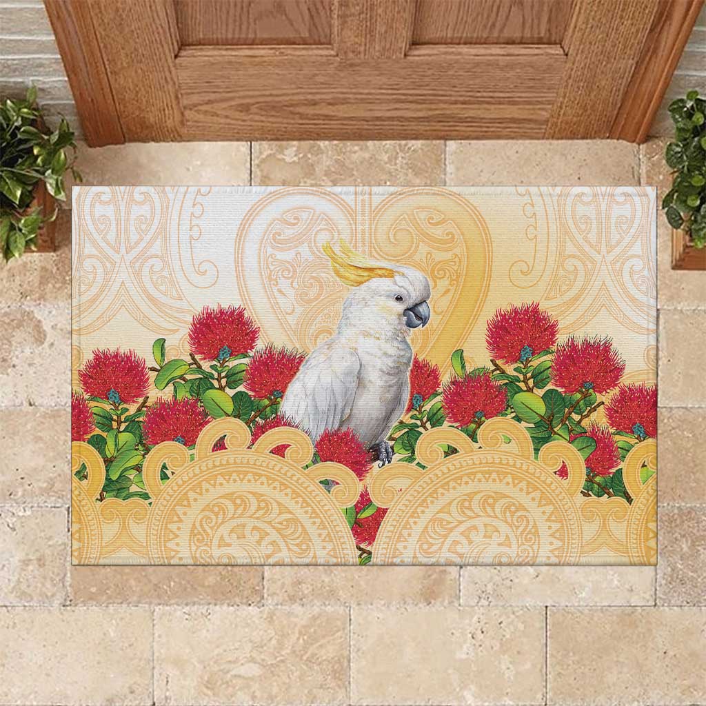 New Zealand Aotearoa Cockatoo Rubber Doormat Maori Pattern With Pohutukawa Flowers LT05 Beige - Polynesian Pride