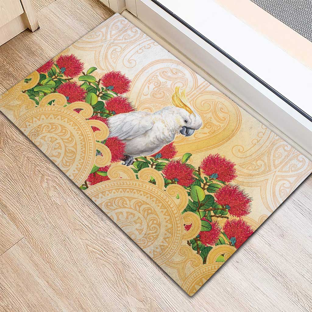 New Zealand Aotearoa Cockatoo Rubber Doormat Maori Pattern With Pohutukawa Flowers LT05 - Polynesian Pride