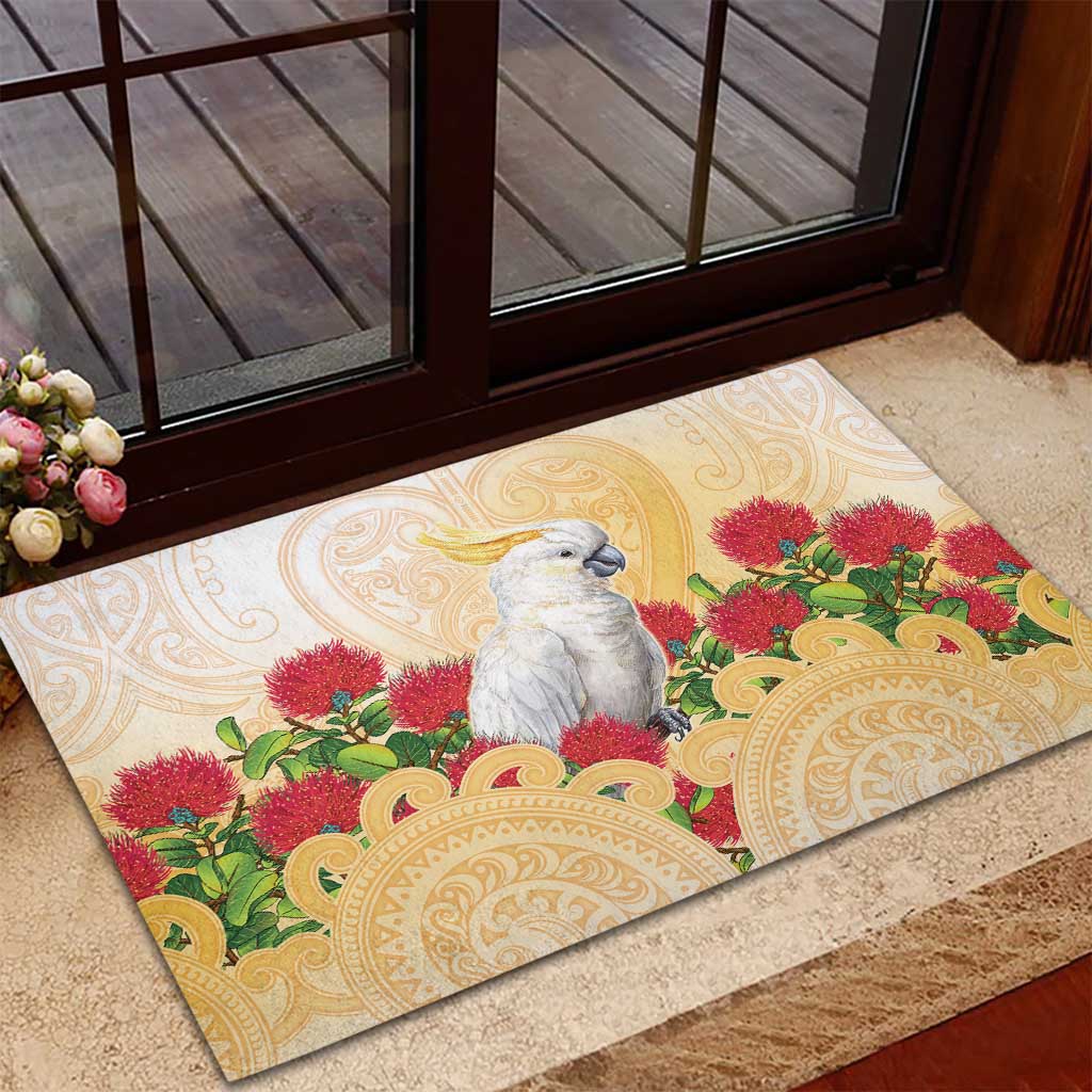 New Zealand Aotearoa Cockatoo Rubber Doormat Maori Pattern With Pohutukawa Flowers LT05 - Polynesian Pride