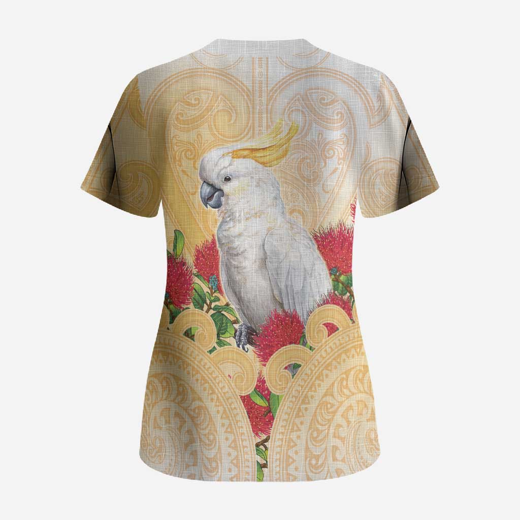 New Zealand Aotearoa Cockatoo Scrub Top Maori Pattern With Pohutukawa Flowers