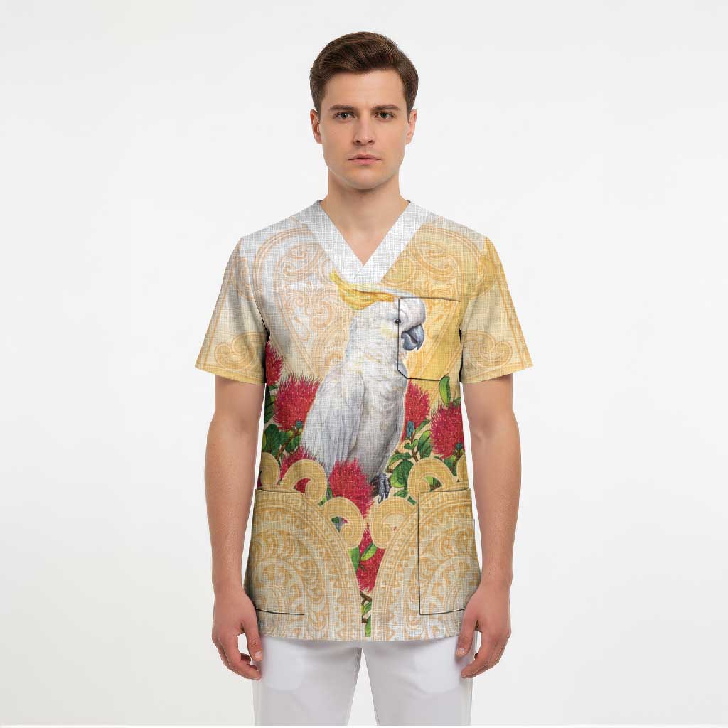 New Zealand Aotearoa Cockatoo Scrub Top Maori Pattern With Pohutukawa Flowers