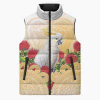 New Zealand Aotearoa Cockatoo Sleeveless Puffer Jacket Maori Pattern With Pohutukawa Flowers