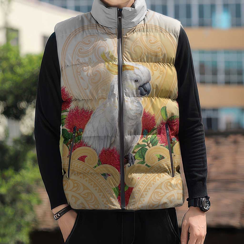 New Zealand Aotearoa Cockatoo Sleeveless Puffer Jacket Maori Pattern With Pohutukawa Flowers