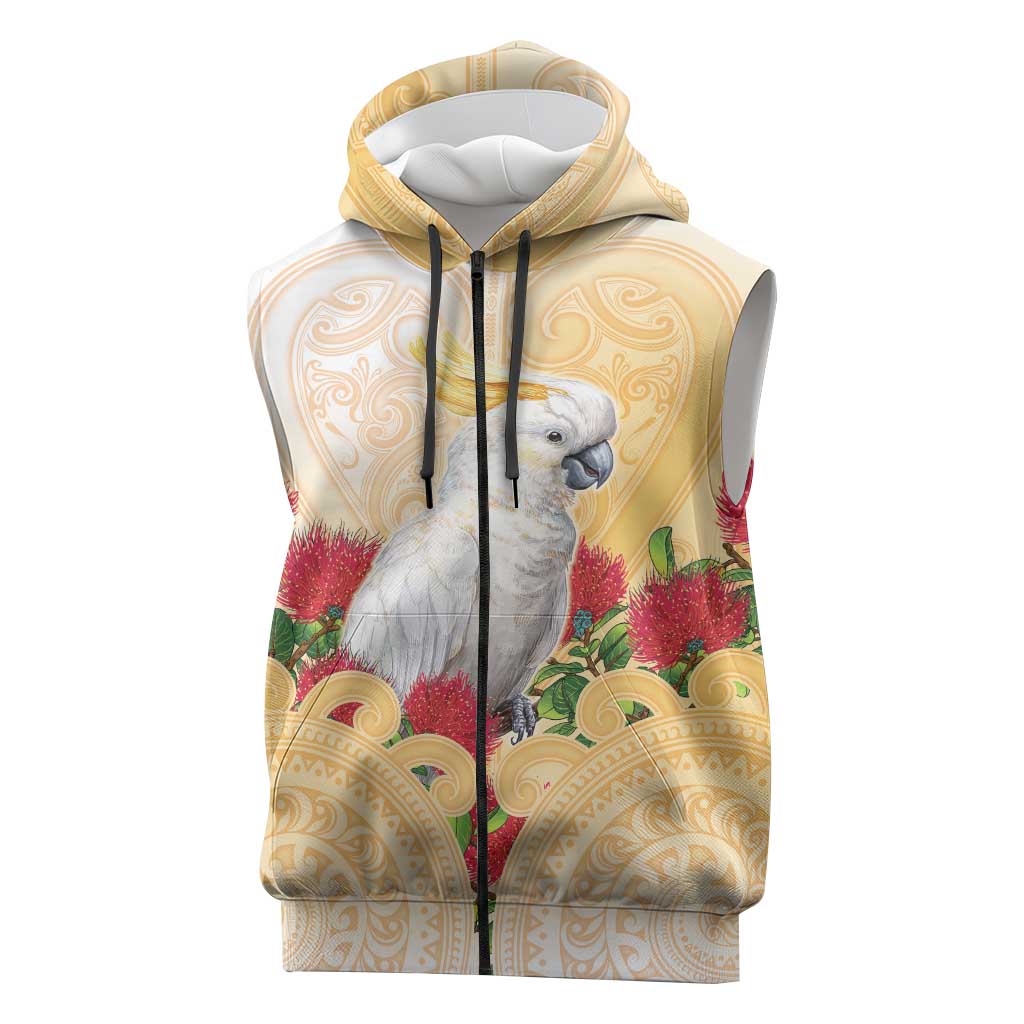 New Zealand Aotearoa Cockatoo Sleeveless Zip Hoodie Maori Pattern With Pohutukawa Flowers