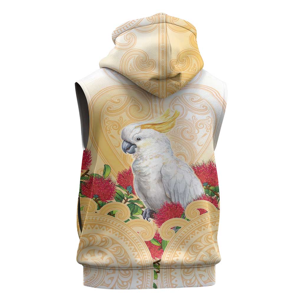 New Zealand Aotearoa Cockatoo Sleeveless Zip Hoodie Maori Pattern With Pohutukawa Flowers