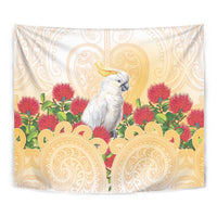 New Zealand Aotearoa Cockatoo Tapestry Maori Pattern With Pohutukawa Flowers