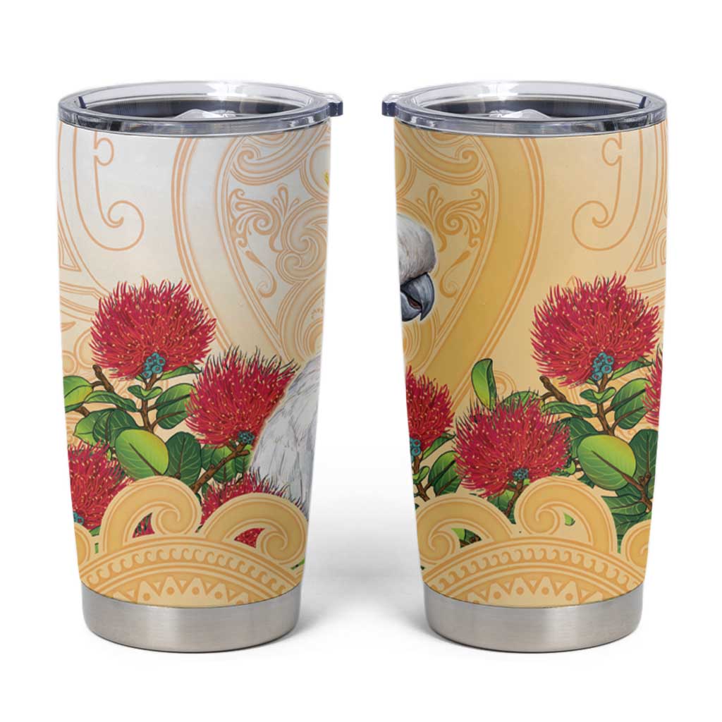 New Zealand Aotearoa Cockatoo Tumbler Cup Maori Pattern With Pohutukawa Flowers LT05 Beige - Polynesian Pride