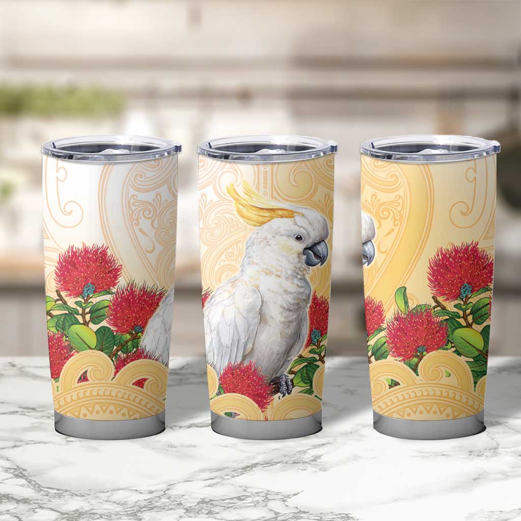 New Zealand Aotearoa Cockatoo Tumbler Cup Maori Pattern With Pohutukawa Flowers LT05 - Polynesian Pride