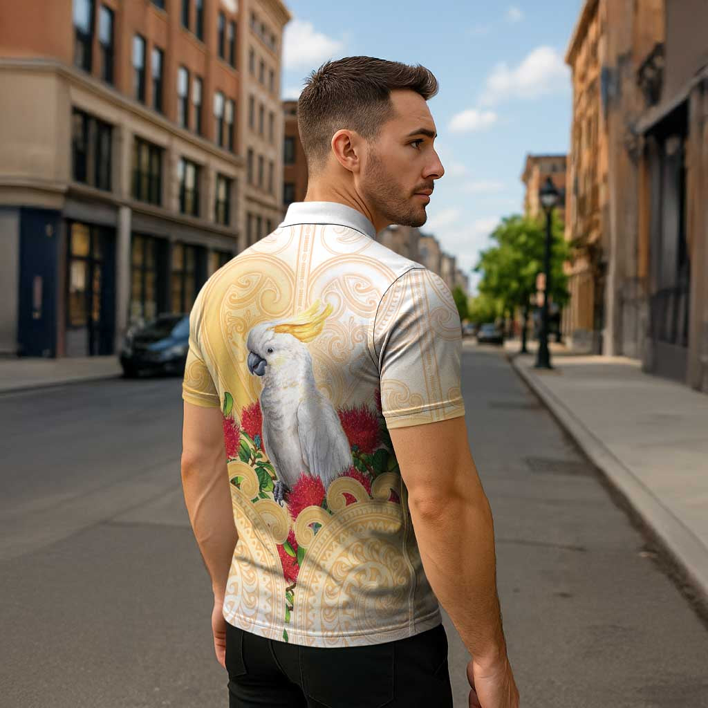 New Zealand Aotearoa Cockatoo Zipper Polo Shirt Maori Pattern With Pohutukawa Flowers