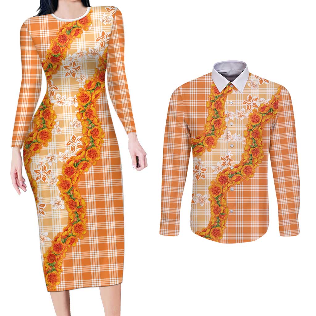 Orange Hawaii Palaka Couples Matching Long Sleeve Bodycon Dress and Long Sleeve Button Shirt Hawaiian Ilima Lei LT05 Orange - Polynesian Pride