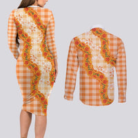Orange Hawaii Palaka Couples Matching Long Sleeve Bodycon Dress and Long Sleeve Button Shirt Hawaiian Ilima Lei LT05 - Polynesian Pride
