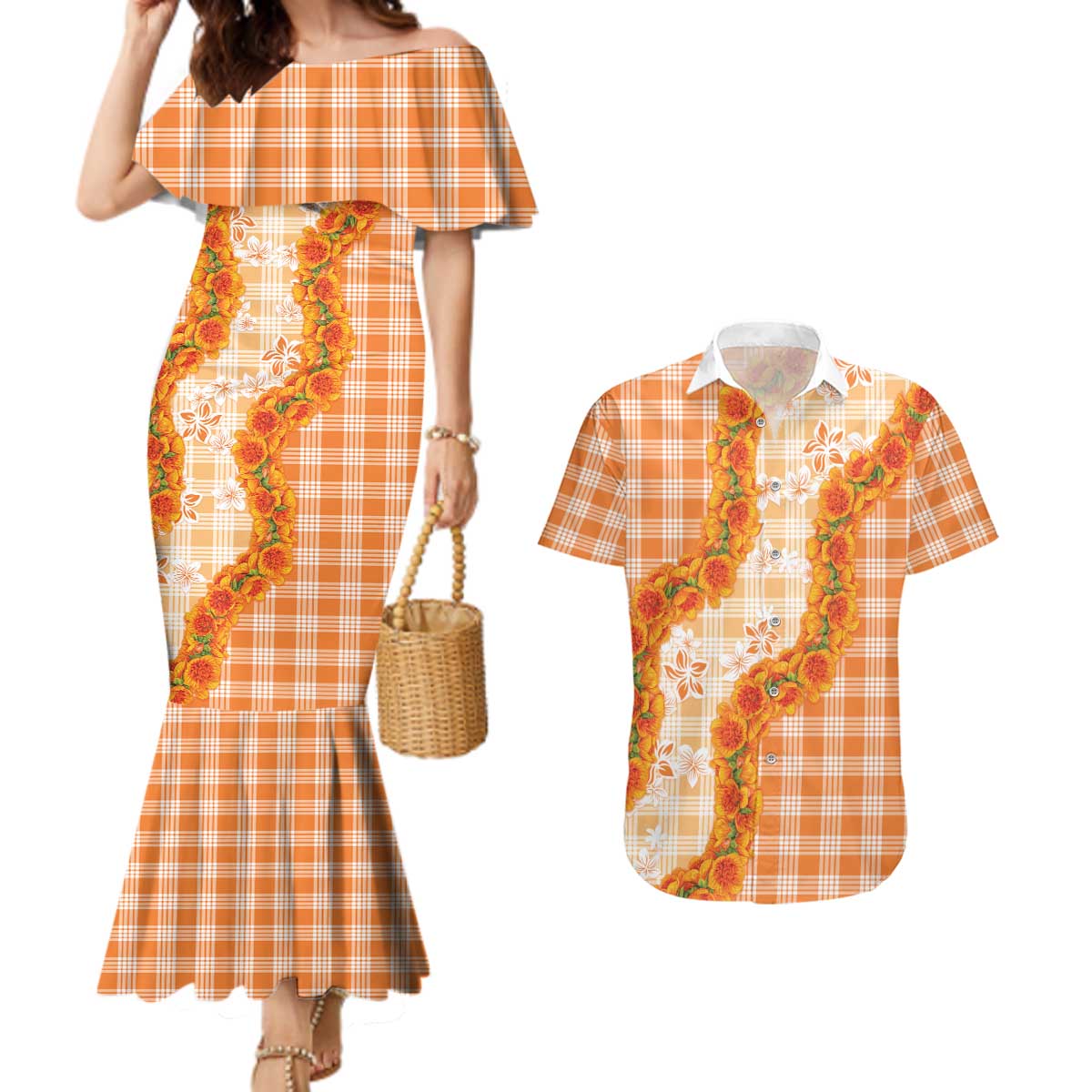 Orange Hawaii Palaka Couples Matching Mermaid Dress and Hawaiian Shirt Hawaiian Ilima Lei