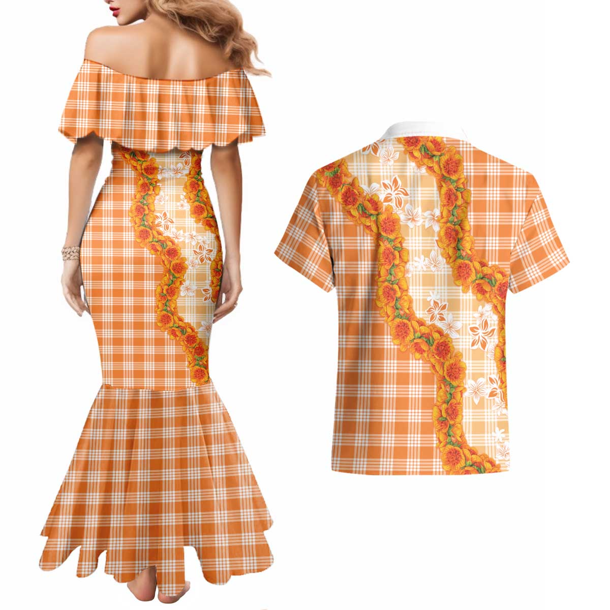 Orange Hawaii Palaka Couples Matching Mermaid Dress and Hawaiian Shirt Hawaiian Ilima Lei