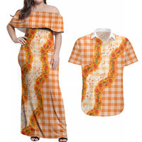 Orange Hawaii Palaka Couples Matching Off Shoulder Maxi Dress and Hawaiian Shirt Hawaiian Ilima Lei