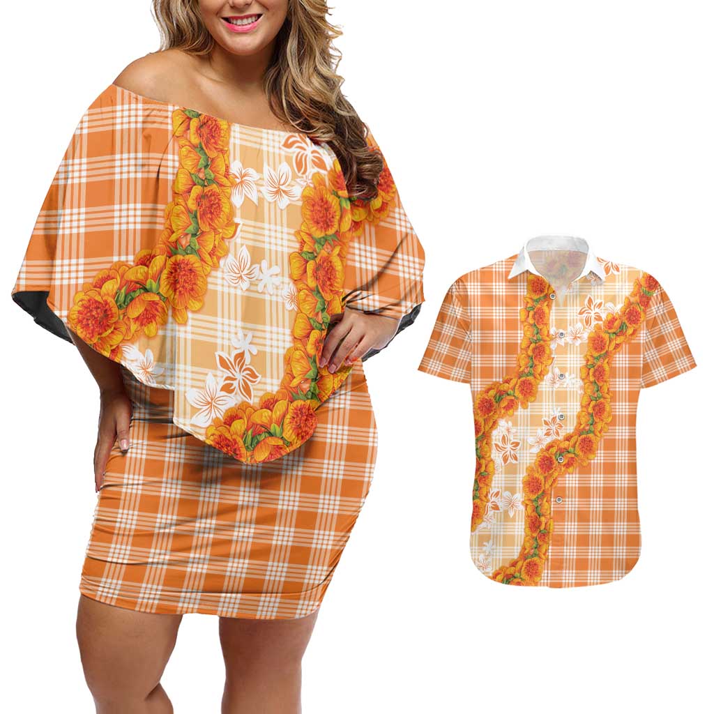 Orange Hawaii Palaka Couples Matching Off Shoulder Short Dress and Hawaiian Shirt Hawaiian Ilima Lei