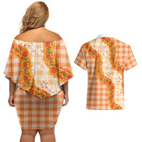 Orange Hawaii Palaka Couples Matching Off Shoulder Short Dress and Hawaiian Shirt Hawaiian Ilima Lei