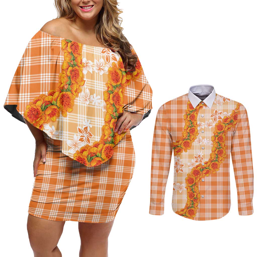 Orange Hawaii Palaka Couples Matching Off Shoulder Short Dress and Long Sleeve Button Shirt Hawaiian Ilima Lei LT05 Orange - Polynesian Pride