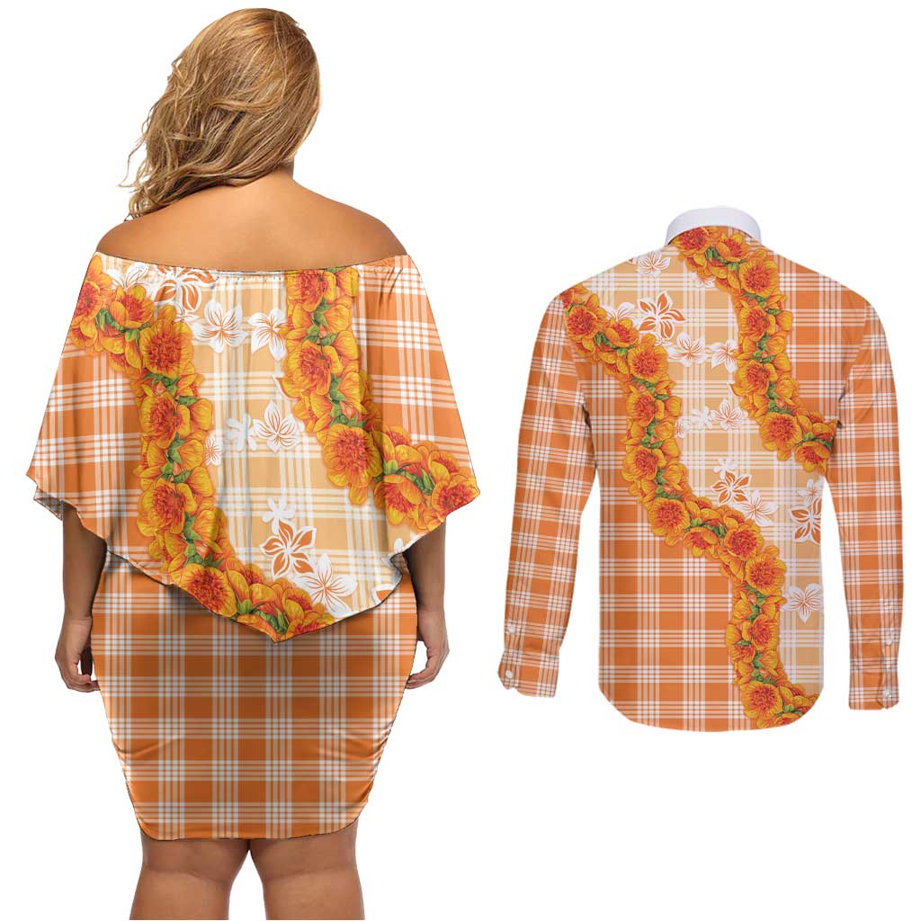 Orange Hawaii Palaka Couples Matching Off Shoulder Short Dress and Long Sleeve Button Shirt Hawaiian Ilima Lei LT05 - Polynesian Pride