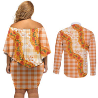 Orange Hawaii Palaka Couples Matching Off Shoulder Short Dress and Long Sleeve Button Shirt Hawaiian Ilima Lei LT05 - Polynesian Pride