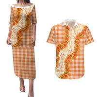 Orange Hawaii Palaka Couples Matching Puletasi and Hawaiian Shirt Hawaiian Ilima Lei