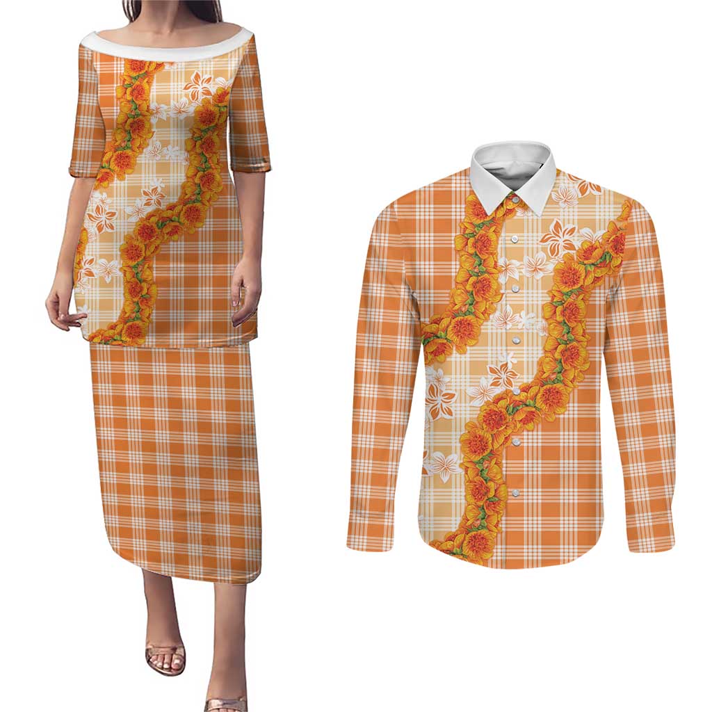 Orange Hawaii Palaka Couples Matching Puletasi and Long Sleeve Button Shirt Hawaiian Ilima Lei