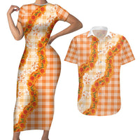 Orange Hawaii Palaka Couples Matching Short Sleeve Bodycon Dress and Hawaiian Shirt Hawaiian Ilima Lei