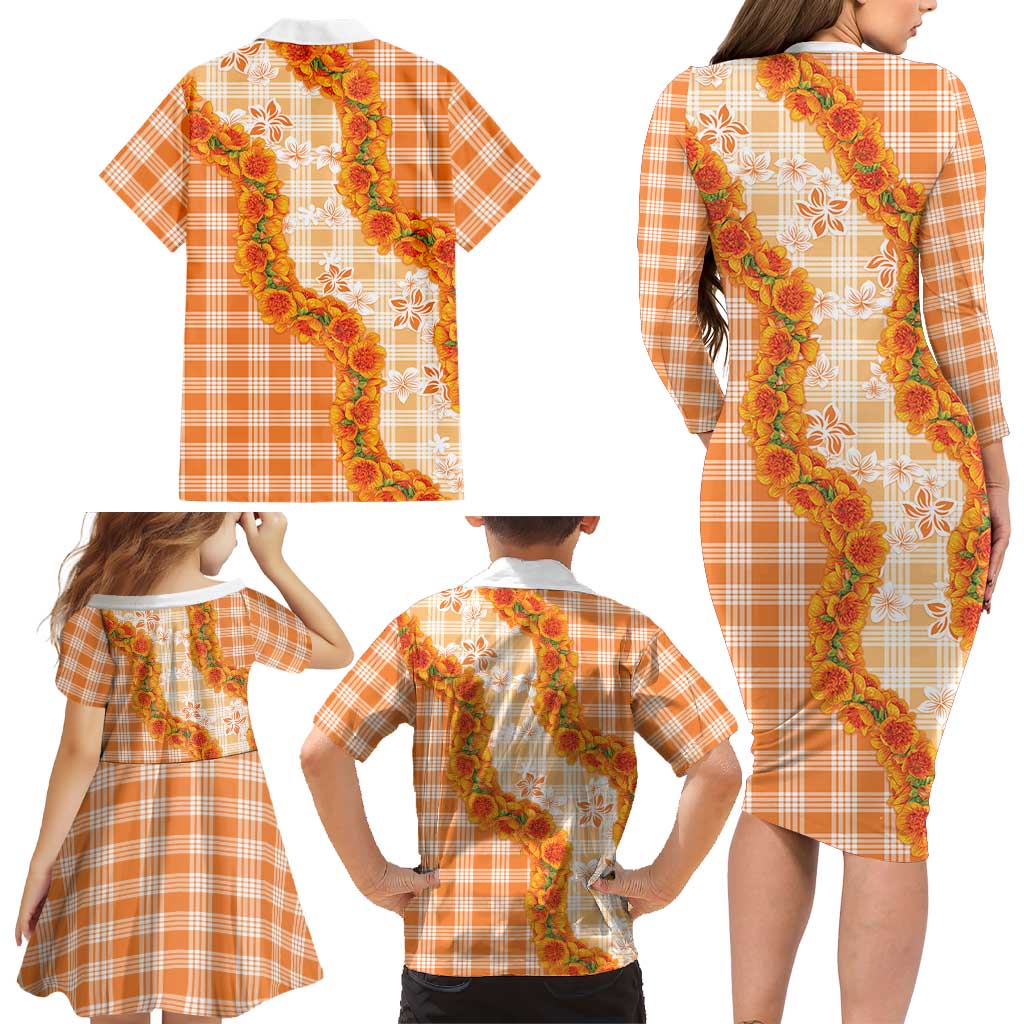 Orange Hawaii Palaka Family Matching Long Sleeve Bodycon Dress and Hawaiian Shirt Hawaiian Ilima Lei