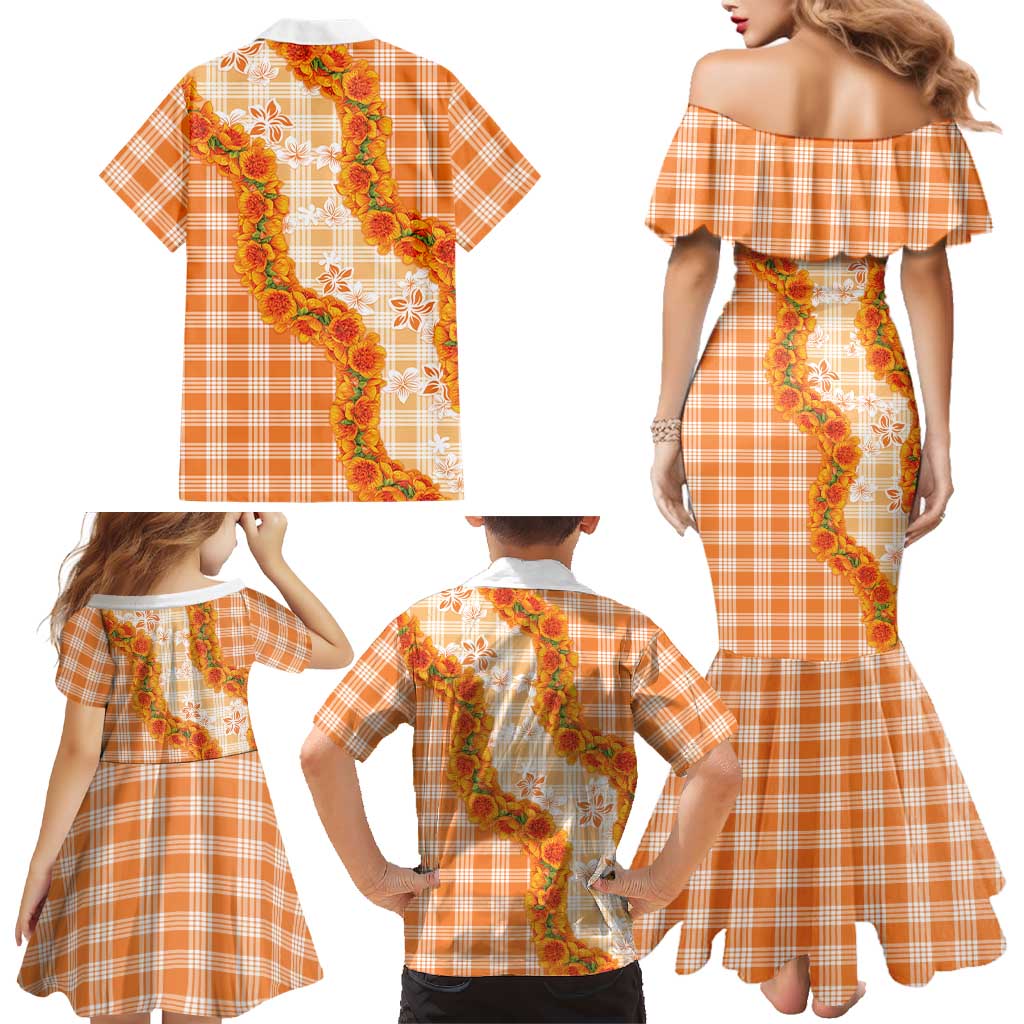 Orange Hawaii Palaka Family Matching Mermaid Dress and Hawaiian Shirt Hawaiian Ilima Lei