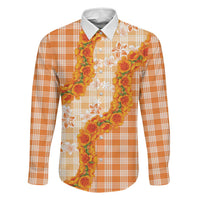 Orange Hawaii Palaka Family Matching Off The Shoulder Long Sleeve Dress and Hawaiian Shirt Hawaiian Ilima Lei