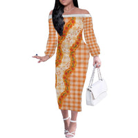 Orange Hawaii Palaka Family Matching Off The Shoulder Long Sleeve Dress and Hawaiian Shirt Hawaiian Ilima Lei