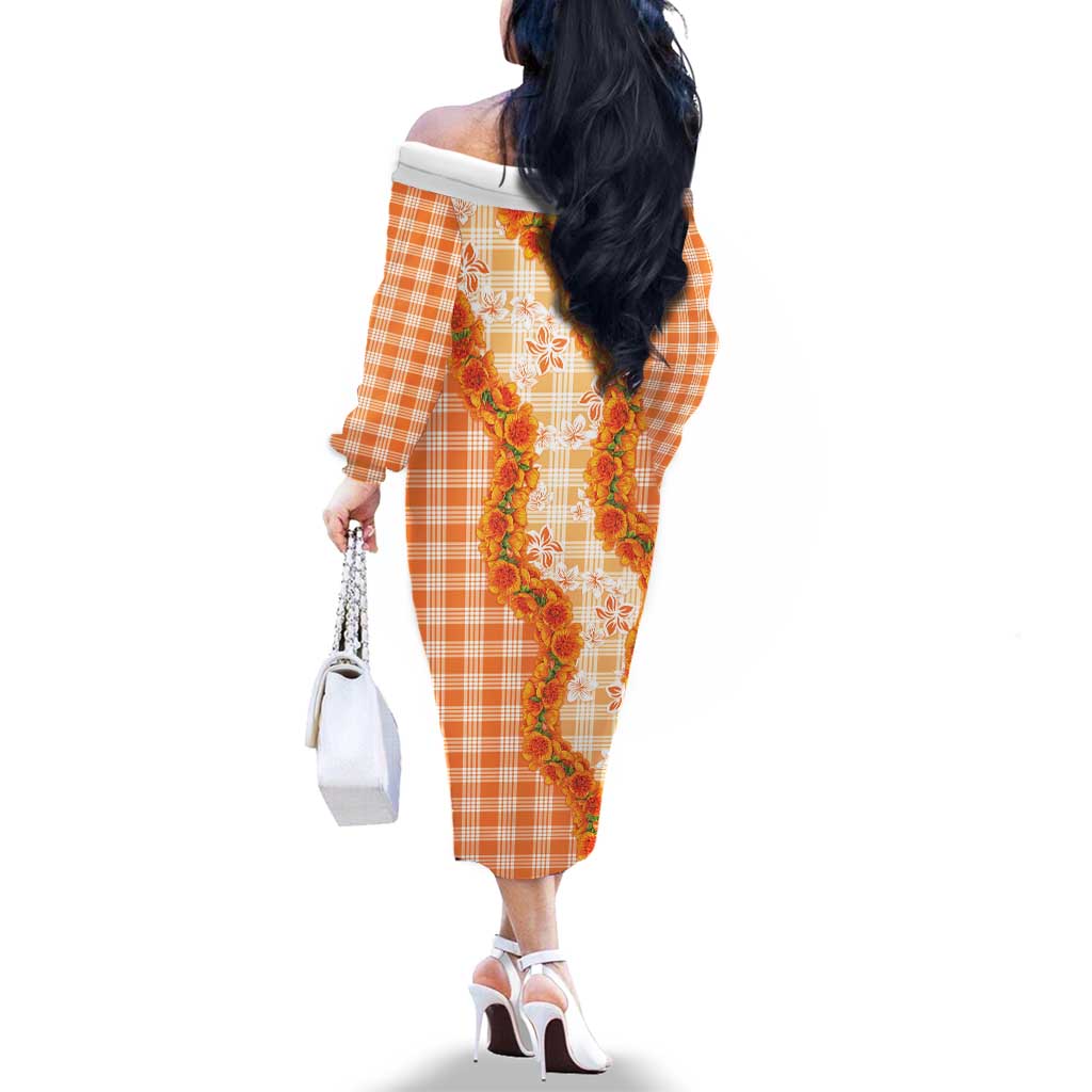 Orange Hawaii Palaka Family Matching Off The Shoulder Long Sleeve Dress and Hawaiian Shirt Hawaiian Ilima Lei