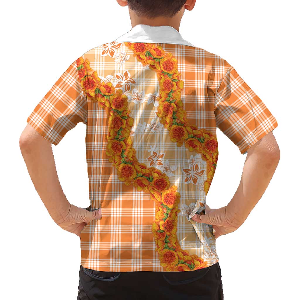 Orange Hawaii Palaka Family Matching Off Shoulder Maxi Dress and Hawaiian Shirt Hawaiian Ilima Lei