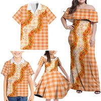 Orange Hawaii Palaka Family Matching Off Shoulder Maxi Dress and Hawaiian Shirt Hawaiian Ilima Lei