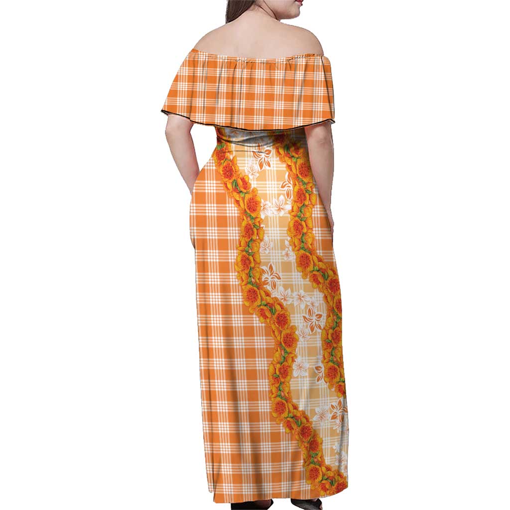 Orange Hawaii Palaka Family Matching Off Shoulder Maxi Dress and Hawaiian Shirt Hawaiian Ilima Lei
