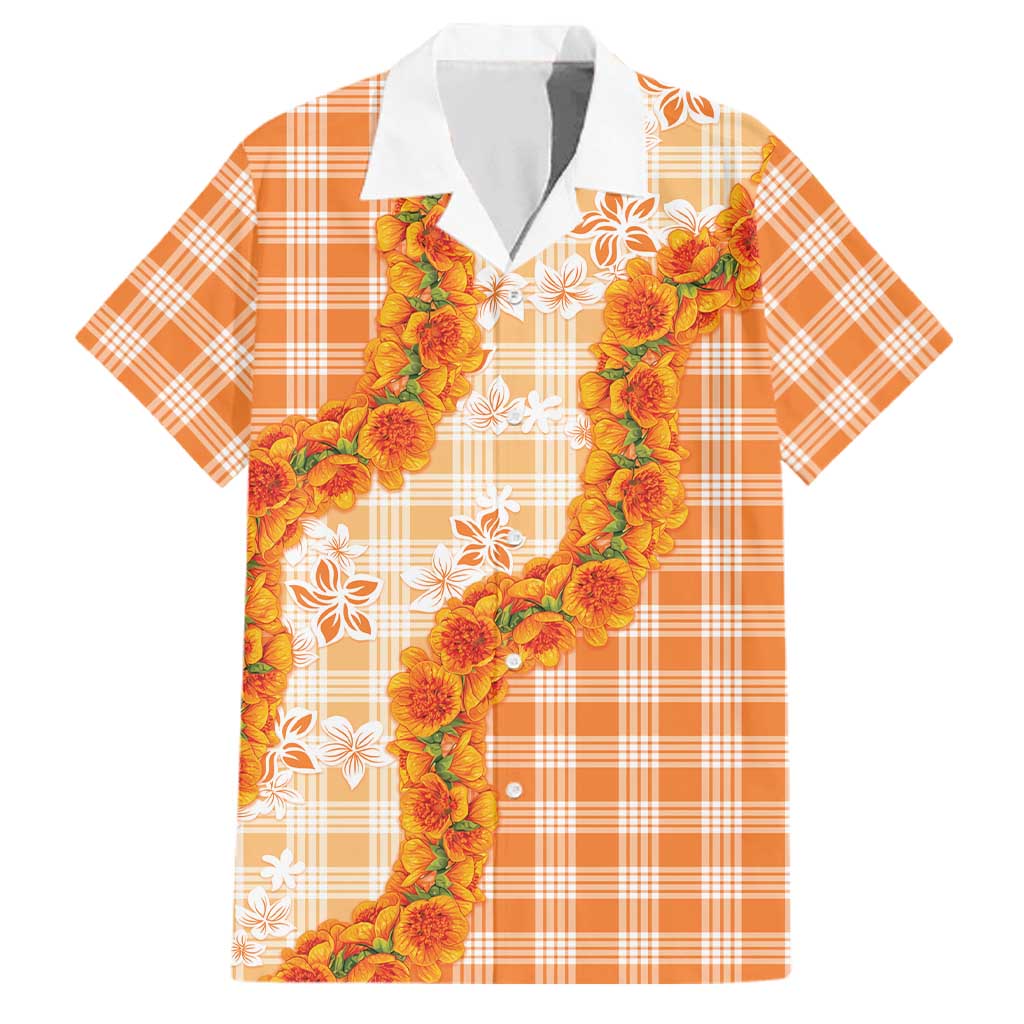 Orange Hawaii Palaka Family Matching Off Shoulder Short Dress and Hawaiian Shirt Hawaiian Ilima Lei