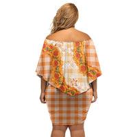 Orange Hawaii Palaka Family Matching Off Shoulder Short Dress and Hawaiian Shirt Hawaiian Ilima Lei
