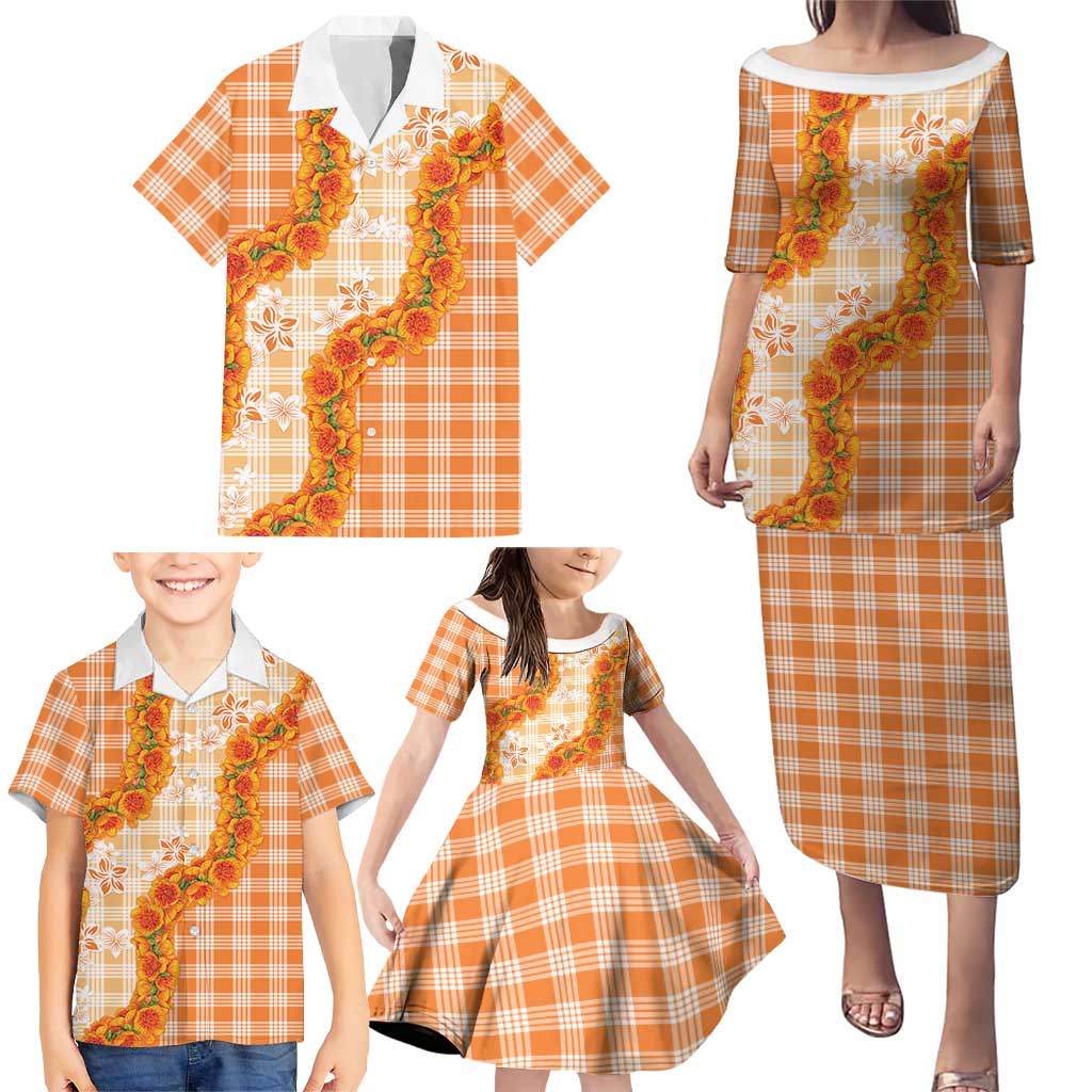 Orange Hawaii Palaka Family Matching Puletasi and Hawaiian Shirt Hawaiian Ilima Lei