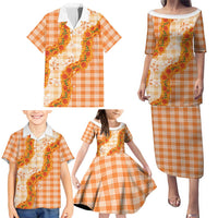 Orange Hawaii Palaka Family Matching Puletasi and Hawaiian Shirt Hawaiian Ilima Lei