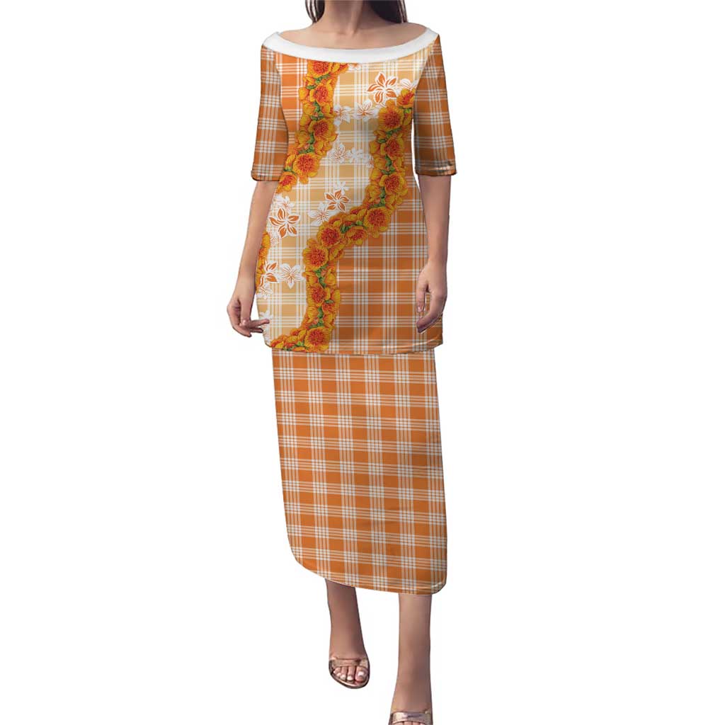 Orange Hawaii Palaka Family Matching Puletasi and Hawaiian Shirt Hawaiian Ilima Lei