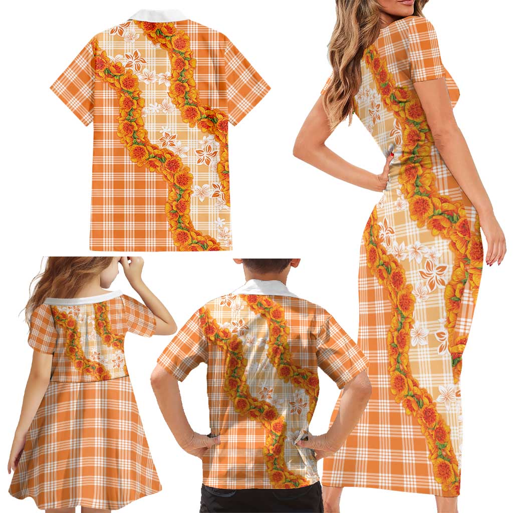 Orange Hawaii Palaka Family Matching Short Sleeve Bodycon Dress and Hawaiian Shirt Hawaiian Ilima Lei