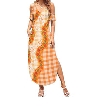 Orange Hawaii Palaka Family Matching Summer Maxi Dress and Hawaiian Shirt Hawaiian Ilima Lei