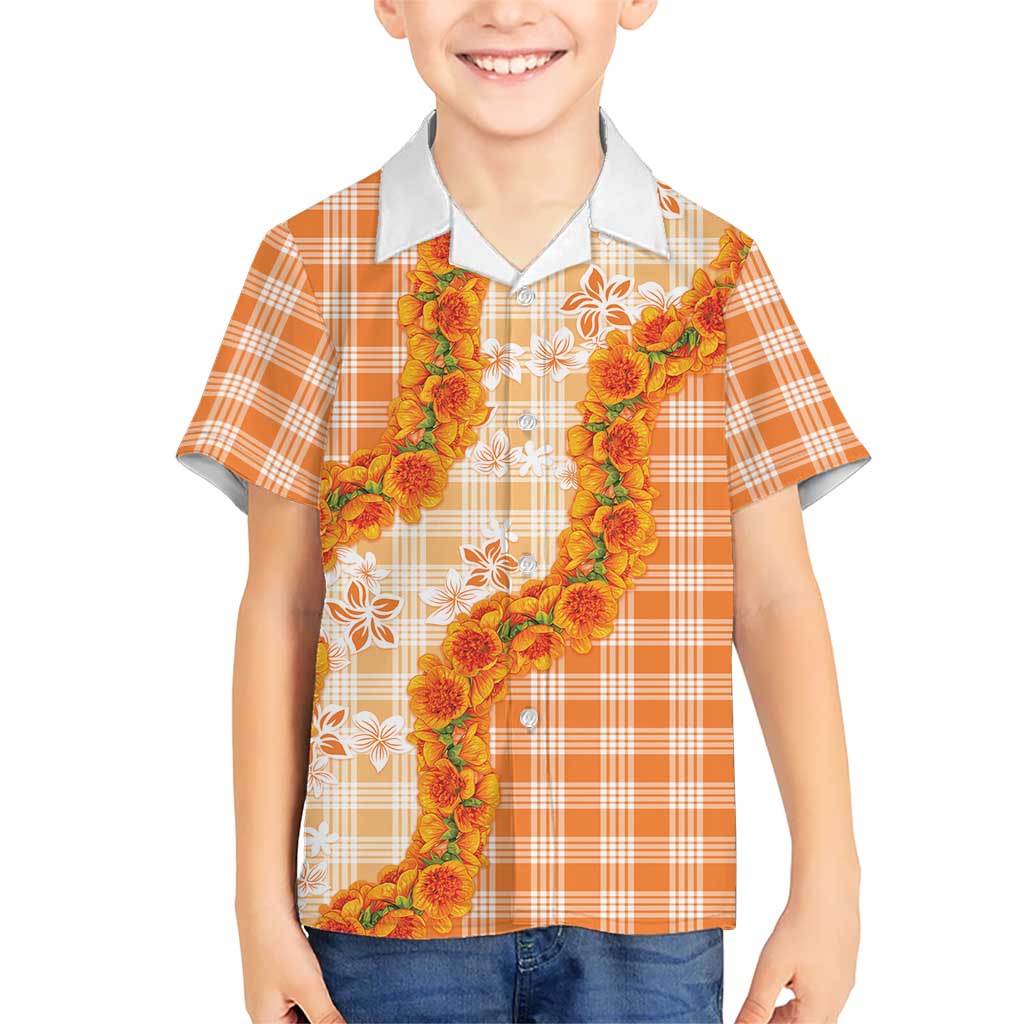 Orange Hawaii Palaka Family Matching Summer Maxi Dress and Hawaiian Shirt Hawaiian Ilima Lei